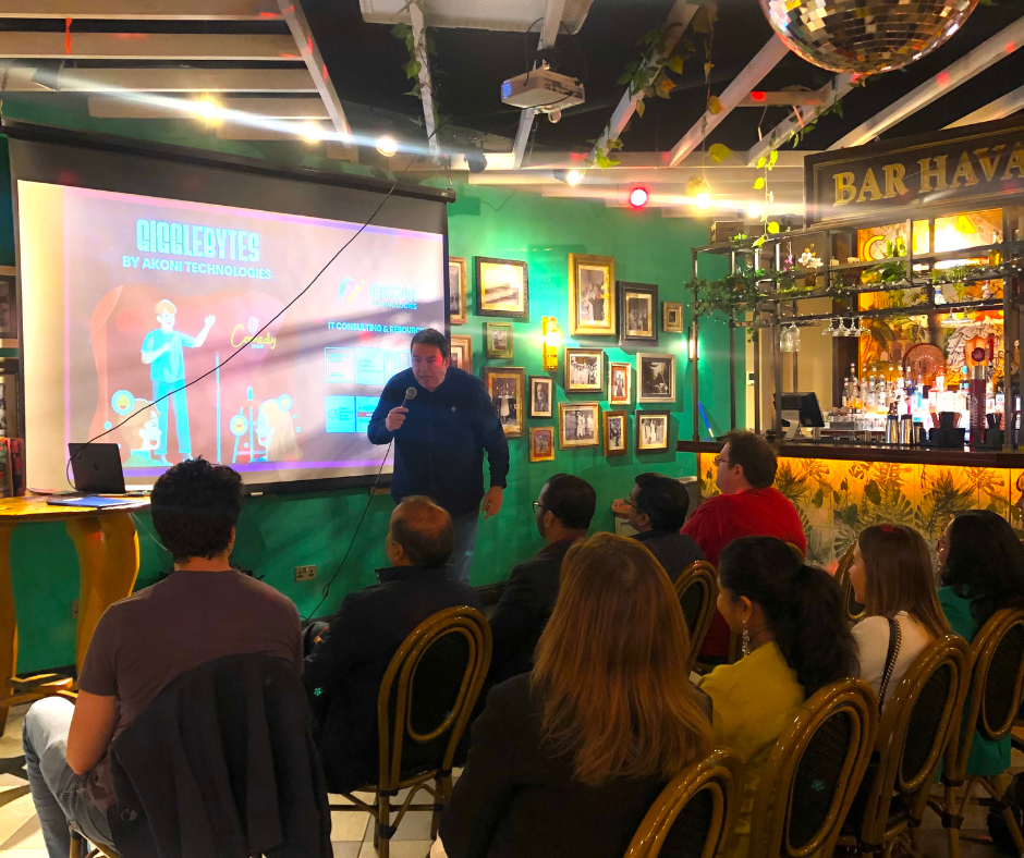 Group of professionals at GiggleBytes free comedy and networking event